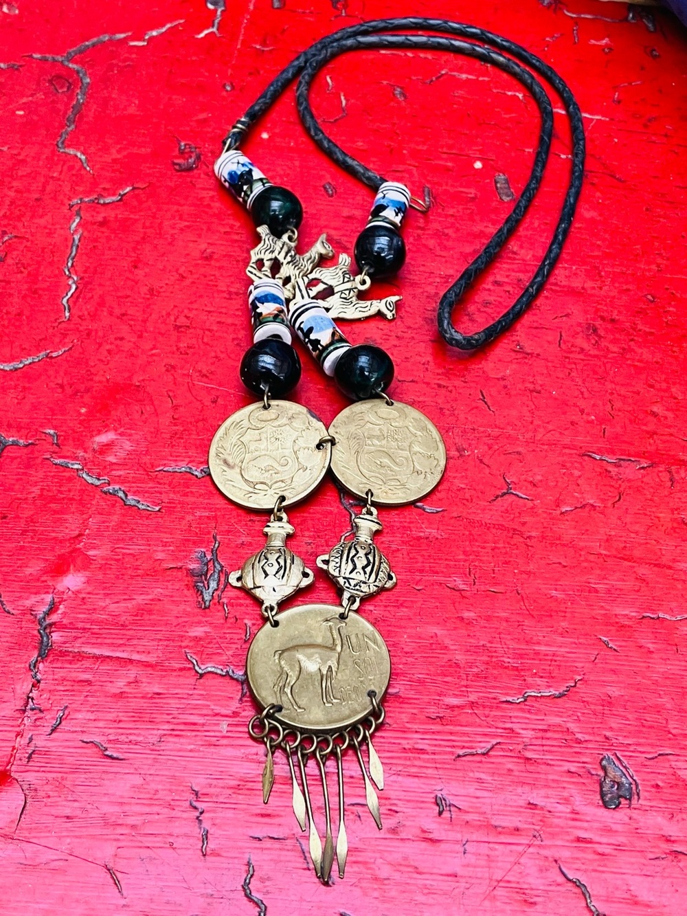 Vntg Peruvian Un Sol Coins Bib Necklace Ceramic Llama Boho Brass Boho